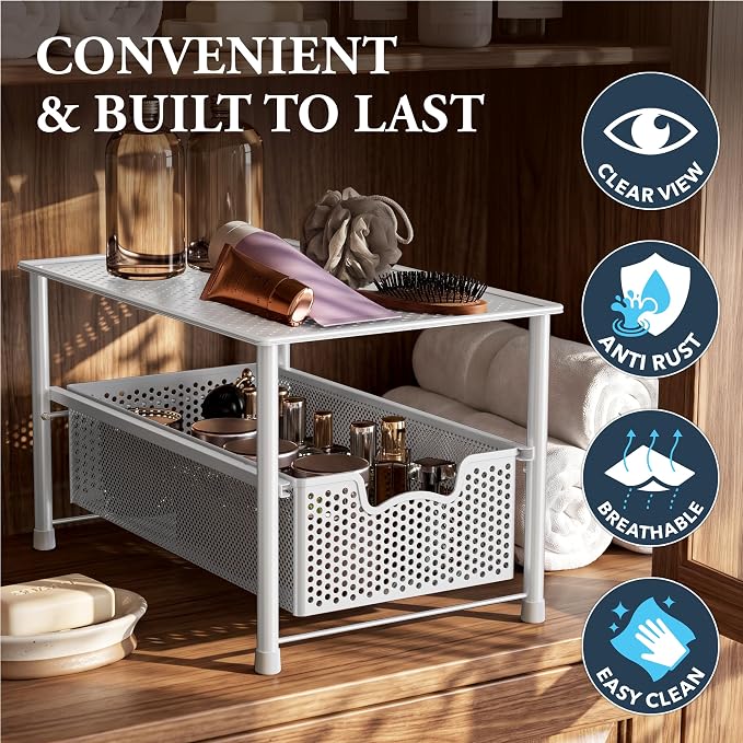Simple Houseware Stackable Under Sink Sliding Basket Drawer, White | Perforated Free Standing Organizer, Kitchen/Pantry/Cabinet/Counter