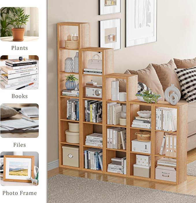 VDNEND Tall Cube Storage Organizer Bookcase, 5 Tier 11 inch Open Back Cubical Shelf with Thickened Border, Display Bookshelf for Living Room, Home Office, Sturdy Room (Natural Oak, 5 Cube,Vertical)