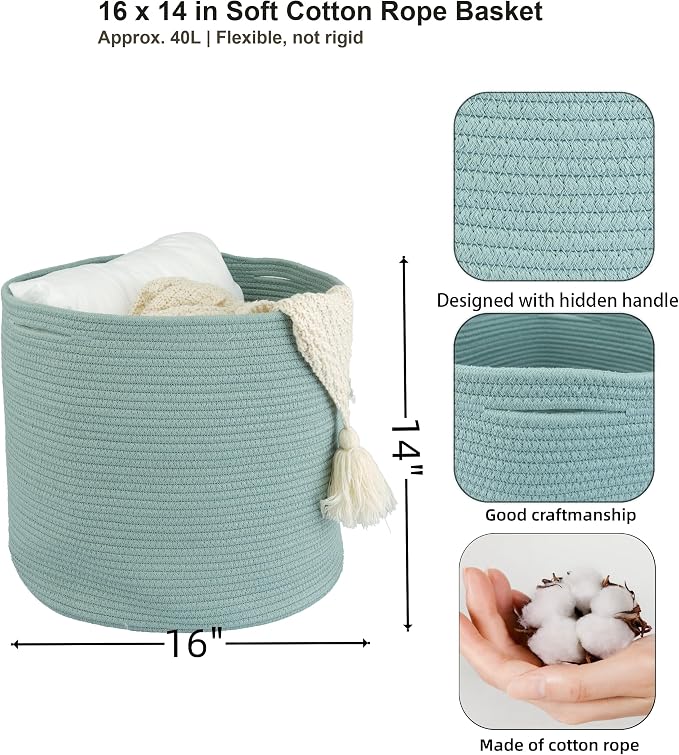 XUANGUO Cotton Rope Basket For Girls Boys Kids 16”X14” green | Baby Laundry Baskets, Blanket Basket, Nursery Bin; Round Woven Basket Organizer for Toy Storage, Blankets, Shoes and Clothes