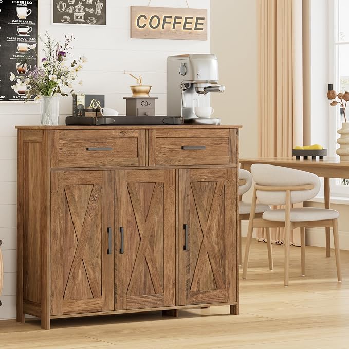 Homhedy Coffee Bar Storage Cabinet with Drawers, Kitchen Buffet Cabinet | Sideboard Cabinet with Doors, Farmhouse Buffet Cabinet, Adjustable Shelves, for Kitchen / Dining / Living Room, Rustic Walnut
