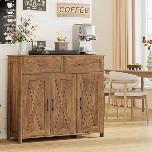 Homhedy Coffee Bar Storage Cabinet with Drawers, Kitchen Buffet Cabinet | Sideboard Cabinet with Doors, Farmhouse Buffet Cabinet, Adjustable Shelves, for Kitchen / Dining / Living Room, Rustic Walnut