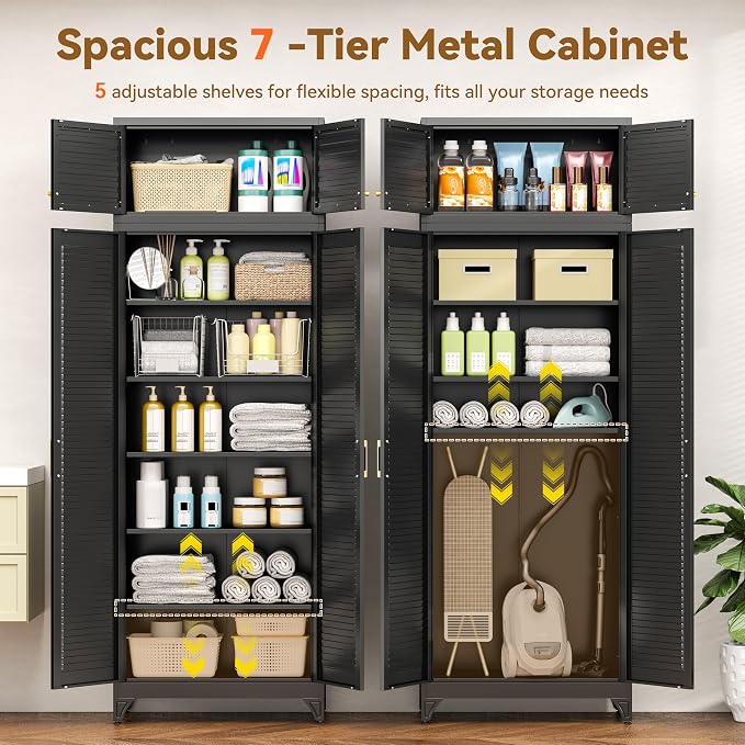 Polup 90" Tall Metal Kitchen Pantry Storage Cabinet with Doors and Shelves | Heavy-Duty Black Cabinet, 5 Adjustable Shelving, Gold Handles, Louvered Doors, for Dining Living Room, Bathroom & Garage