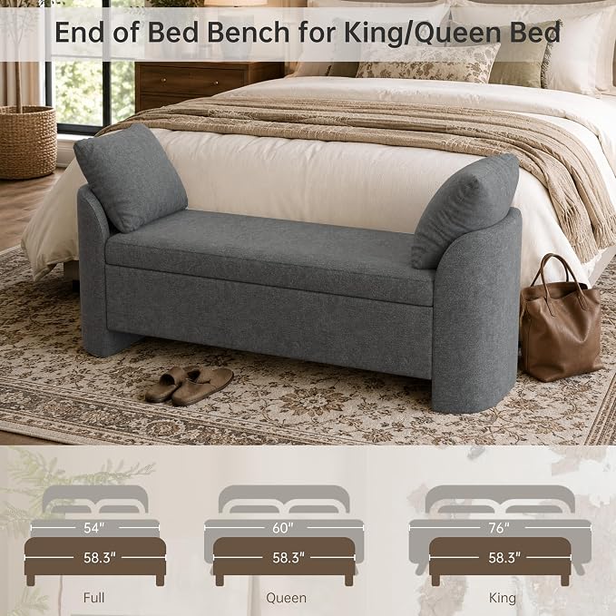 Usaint 58.3" Upholstered Storage Ottoman Bench with 2 Pillows, Charcoal | End of Bed Bench with Curved Arms and Thickened Seat Cushion for Bedroom, Livingroom, Window, Entryway and Dressing Areas