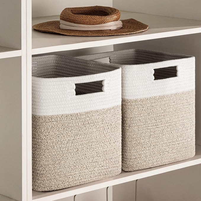 UBBCARE Set of 4 Storage Basket-12 X 12 X 12 in, Cotton Rope Basket for Shelves, Toys, Book, Cube Storage Bins with Handles, Woven Storage Basket for Organizing, White Brown