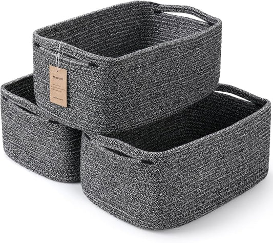 3-Pack Shelf Baskets for Organizing, Closet Organizer Bins, Small Woven Baskets, Rope Toy Basket, Storage Basket for Shelves, Cube Decorative Box, 11.8×7.8×5.1”, Mixed Black