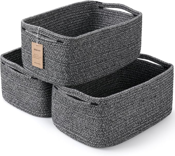 3-Pack Storage Baskets for Organizing | Woven Shelf Toy Basket | Rope Baskets for Gifts Empty | Closet Organizer Bins with Handles | Cube Decorative Box | 13.7×7.1×6.7” | Mixed Black