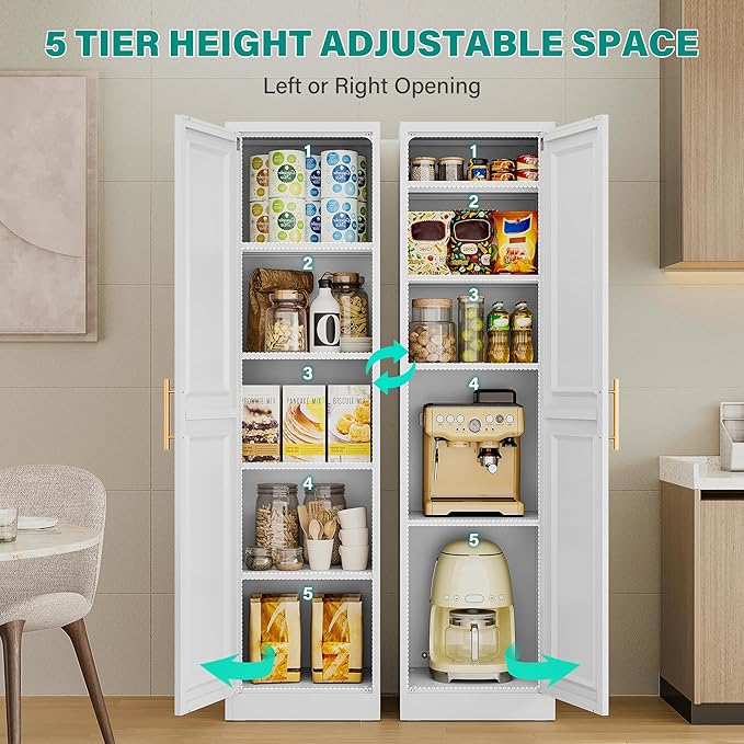 SISESOL 71" Tall Narrow Storage Cabinet with 1 Door and 5 Shelves,Slim Kitchen Pantry Cabinet,White Metal Bathroom Cabinets,Large Cupboard for Home,Kitchen,Laundry,Bathroom