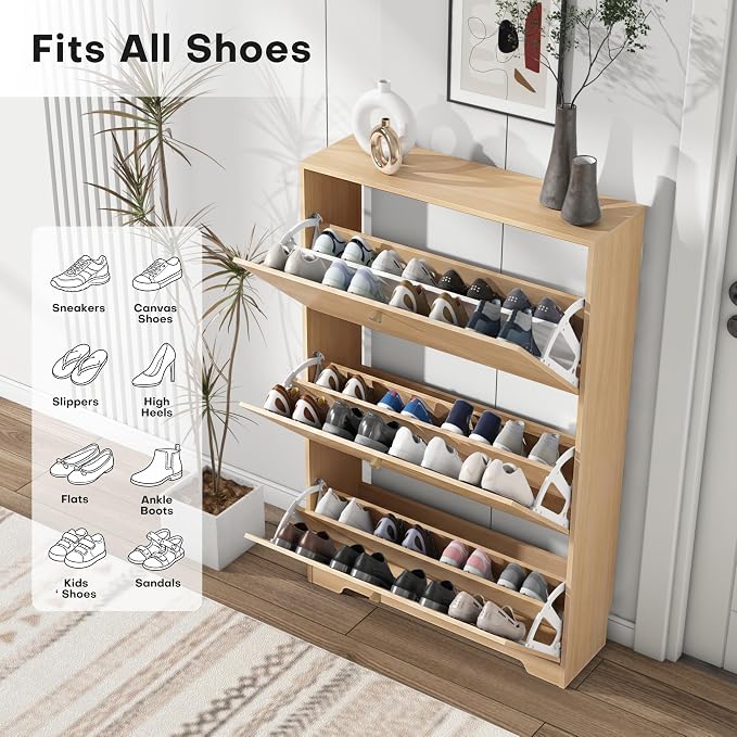 Nicetree Shoe Cabinet with 3 Flip Drawers, Entryway Storage, Natural Oak | Narrow Shoe Organizer, Freestanding Shoe Rack Cabinet, Modern Shoe Storage Cabinet for Entryway, Hallway, Foyer, With Hook
