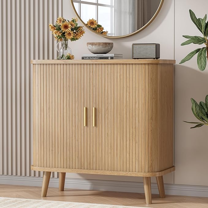 BORNOON Buffet Cabinet with Storage, Curved-Edge Fluted Storage Cabinet Sideboard, Modern Black Sideboard Buffet with Adjustable Shelves & Sliding Door for Dining Room, Kitchen, Entryway (Oak)