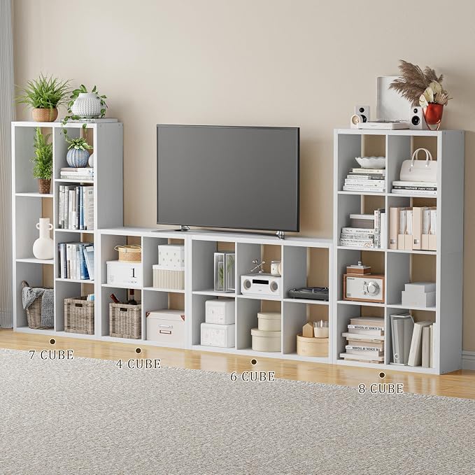 VDNEND Cube Storage Organizer Bookcase, Decorative 11 inch Open Back Cubical Shelf with Thickened Border, Display Bookshelf for Living Room, Home Office, Sturdy Room (White, 7 Cube,Standard)