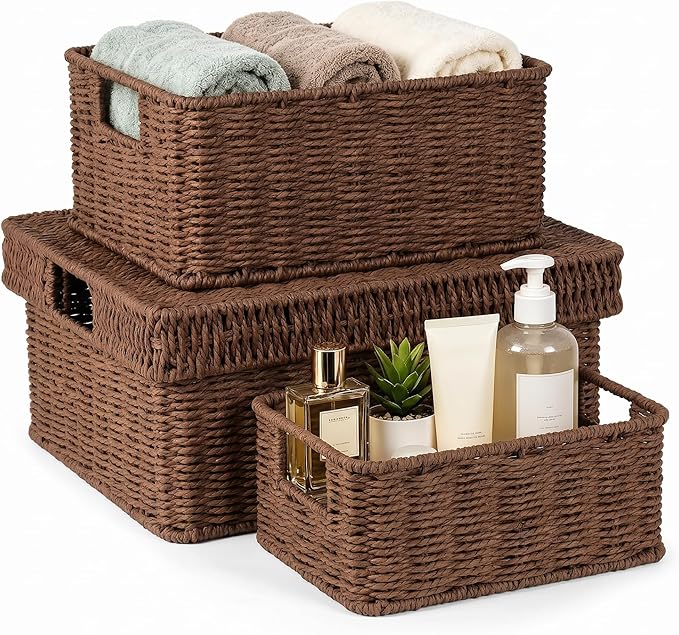 Wicker Storage Basket with Lid for Shelves, 3-Basket Set, Dark Brown | One rectangular wicker basket with lid and two open baskets for decorative shelf storage; removable lid flips into a tray.