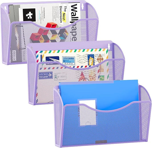 EasyPAG 3 Pack Wall File Organizer, Metal Mesh Hanging File Folder Holder for Letter/A4 Size Folders, Vertical Wall Mount Mail Sorter for Office Paperwork, Classroom, Purple