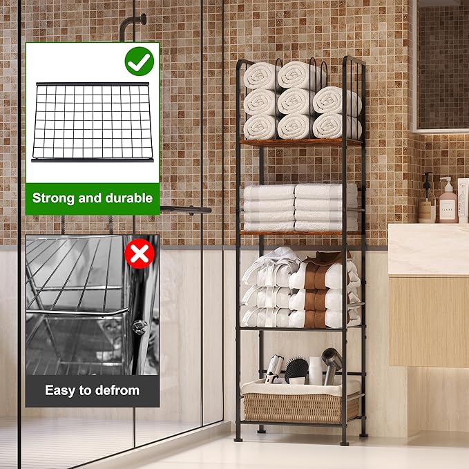 4-Tier Freestanding Towel Racks for Bathroom, Towel Rack Stand | Detachable M-shaped Dividers for Bath Towel Storage Premium Iron & Wood Holder Crafted for Bathroom Organization