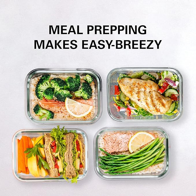 Razab 16 Pc (Set of 8) 30 Oz Glass Meal Prep Containers with Lids, Airtight Large Glass Food Storage Containers, Reusable Leak Proof BPA Free, Freezer to Oven and Dishwasher Safe