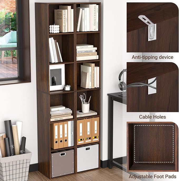 6 Cube Storage Organizer, Narrow Open Shelf Bookcase, Freestanding 6 Tier Low Display Bookshelf for Home Office, Living Room, Bedroom, Dark Brown & Black Walnut