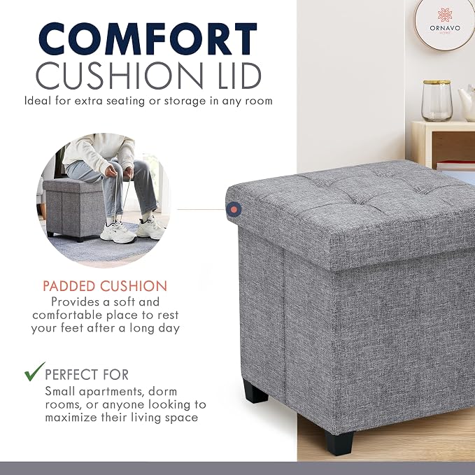 Ornavo Home Square Cube Storage Ottoman with Legs, 15x15x15, Gray | Foot Rest Stool Seat; Holds Up to 600 lbs; Ideal for Living Room, Bedroom, Home Office or Dorm