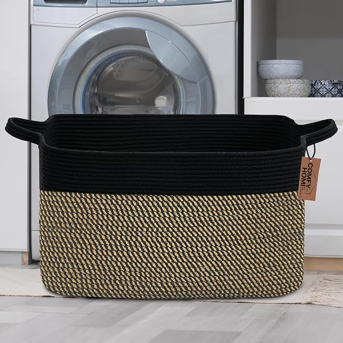 COMFY-HOMI Large Rectangular Blanket, Cotton Rope Woven for Storage, LaundryHamper, Storage,Toy Organizing Bin with Handle, Organizer and Storage-22x15x12-