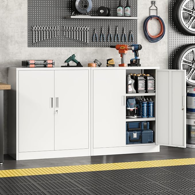 Metal Storage Cabinet, 36" Locking Cabinet with Adjustable Shelves for Garage, Office (White)