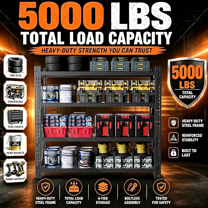 5000LBS Garage Shelving, 71" W Heavy Duty Metal Adjustable 4 Tier Storage for Warehouse, Basement, Shop and Office, Commercial-Grade Industrial Shelving, 71" W x 24" D x 69" H