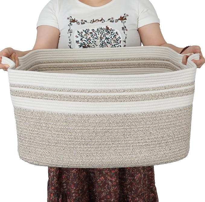 XUANGUO Large Woven Cotton Rope Blanket Basket 22"x17"x12" White Brown | Storage basket for nursery and living room; toy basket for kids or laundry basket for clothes and towels.