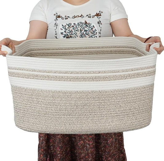 XUANGUO Large Woven Cotton Rope Blanket Basket 22"x17"x12" White Brown | Storage basket for nursery and living room; toy basket for kids or laundry basket for clothes and towels.