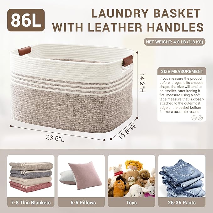 86L Large Woven Laundry Basket Hamper with Leather Handles,Brown | collapsible wicker hamper, storage for dirty clothes, toys, blankets, gifts, living room, bedroom, bathroom, 24"x16"x14"