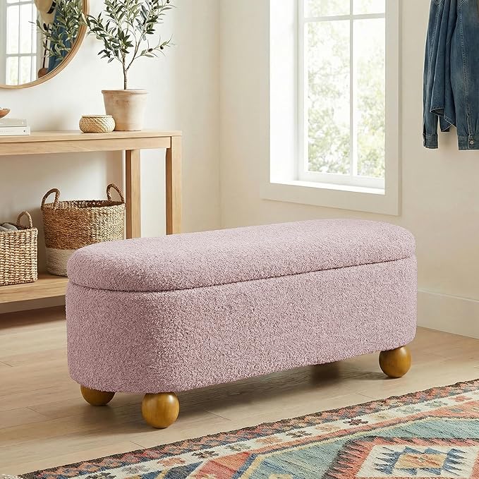 VKNOW 44.8" Storage Ottoman Bench End of Bed Bench with Hinge, Pink | Cute Spherical Solid Wood Stool Legs, Comfortable Fabric, No Assembly, Bedroom Living Room Entryway Dressing Areas