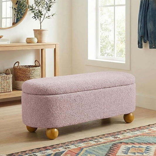 VKNOW 44.8" Storage Ottoman Bench End of Bed Bench with Hinge, Pink | Cute Spherical Solid Wood Stool Legs, Comfortable Fabric, No Assembly, Bedroom Living Room Entryway Dressing Areas