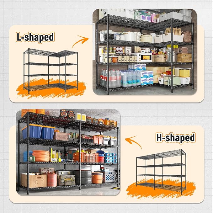REIBII Storage Shelves, 3680LBS Heavy Duty&Space Saving 81.5''W for Garage | 4 Tier Adjustable Wire Shelving, Powder Coated, Tool-Free Metal Shelf, Scratch Resistant, Rust-resistant, 23.62"Dx70.86"H