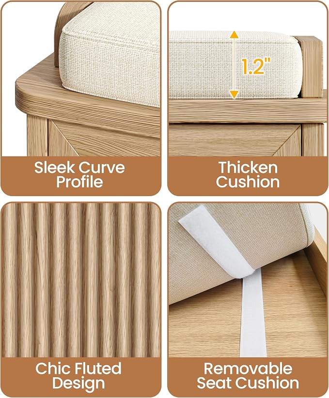 Akxomel 47.2" Fluted Shoe Storage Bench 4 Doors Wooden Entryway Bench Oak | 2 Tier Shoe Bench with Padded Cushion, Adjustable Shelves and 4 Doors, Curved Profile, for Hallway, Living Room, Bedroom