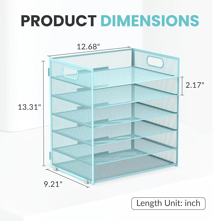 Daltack 6-Tier Paper Organizer for Desk with Handle, Blue | Sturdy Metal Mesh Organizer with Movable Middle Trays and a Carry Handle for Papers, Folders and Office Supplies