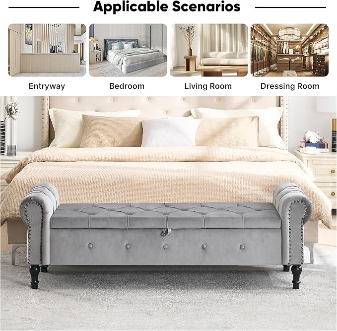 Storage Bench 67" Velvet End of Bed Benches Light Grey | King Size Storage Bench for Bedroom with Rolled Arms Tufted Ottoman Benches Upholstered Bench for Living Room Entryway