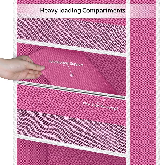 Univivi Fabric Over Door Hanging Organizer for Baby Nursery, Pink, 5-Shelf | Door Storage with Large Capacity Breathable Mesh Pockets, Over Door Storage Organizer for Baby Essential, Bedroom, and Dorm