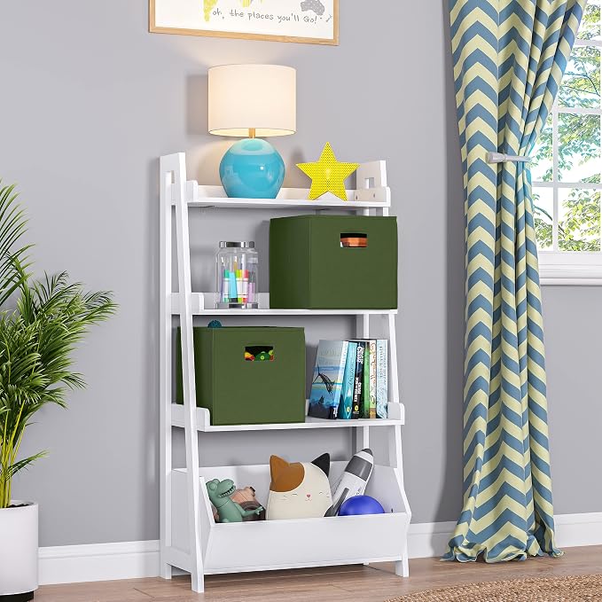 RiverRidge Folding Storage Bins - 2-pack of 10in Tall Olive Cubes | Fabric Bins, Set of 2 Storage Cubes, Cut-out Handles, Playroom Closet Organizer, Collapsible Cubby with Bottom Board Insert