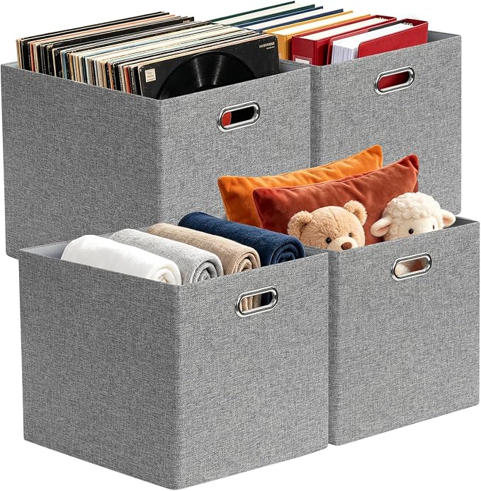 Posprica 3X Thicker Collapsible Storage Bins,13×15x13 Foldable Storage Cube Boxes Fabric Drawer for Closet Shelf Cabinet Bookcase, set of 4 (Gray-1200D)
