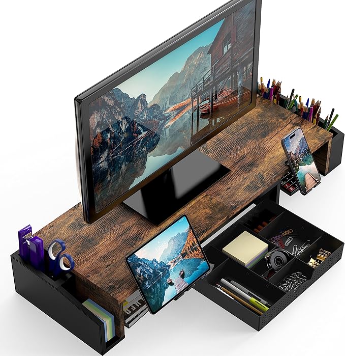 Simple Houseware Desk Dual Monitor Stand Riser with Drawer, Rustic Brown | Customizable Organizer Tray, Built-In Phone & Tablet Slot and Side Storage