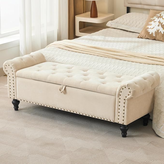 55" Storage Bench for Bedroom, Upholstered Ottoman Bench, Chenille Beige | End of Bed Bench for Bedroom, Window Benches for Living Room, Entryway, Ottoman with Large Storage Space, Pet Friendly