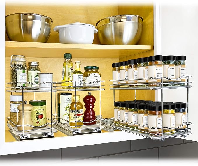 LYNK PROFESSIONAL® Pull Out Spice Organization for Cabinets - 6-3/8 inch Wide – Spice Rack for Inside Cabinets, Slide Out Spice Rack Organizer for cabinet – Pull Out Spice Rack, Sliding 2 Tier Chrome