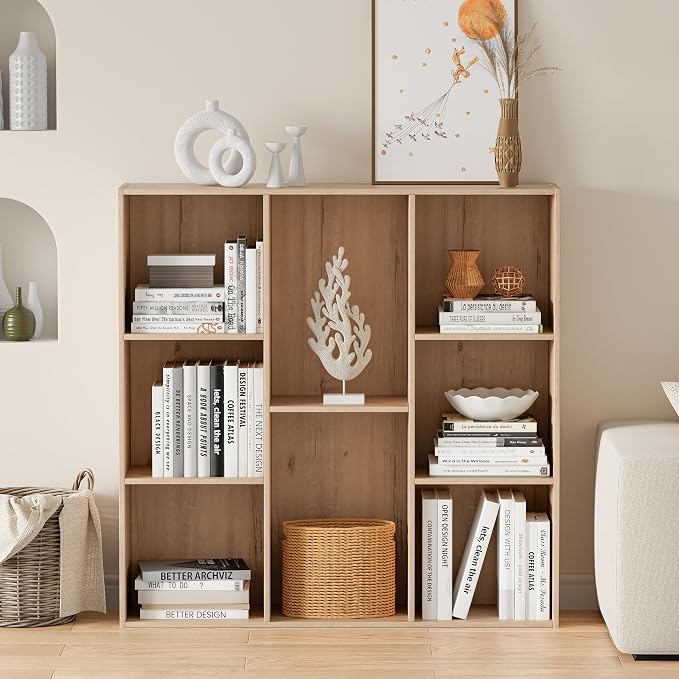 VDNEND Wooden Cube Storage Organizer with Closed Back Panel, 11in Cube Shelf Opening, Bookshelf, Display Shelf,Closet Cabinet for Home and Office (White Oak, 8-Cube 35.98L*9.45W*35.91H)