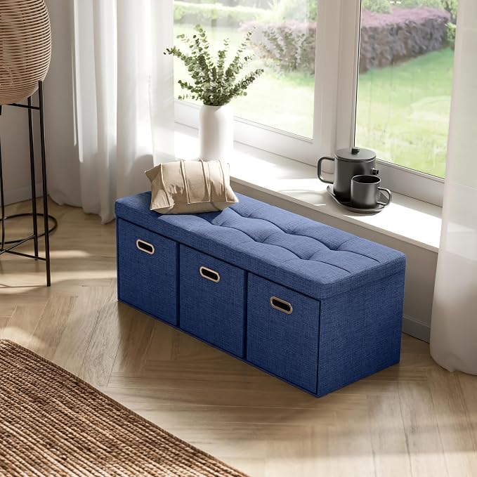 Ornavo Home 40 Inch Storage Ottoman with 3 Drawers, Tufted Linen, Navy Blue | Foldable Large Bench Design; Foot Rest Stool Seat; Ideal for Living Room, Bedroom or Entryway