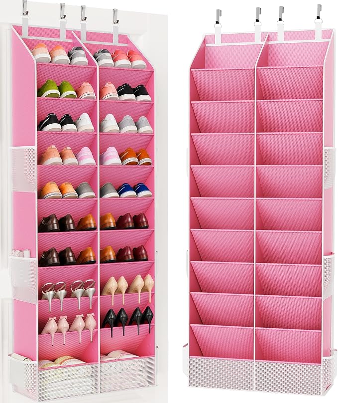 Over the Door Shoe Organizer, 20-30 Pairs Heavy-Duty Hanging Shoe Storage with Large Pockets, 10-Tier Door Shoe Rack with 4 Hooks for Sneakers Sandals Heels Boots (Pink)