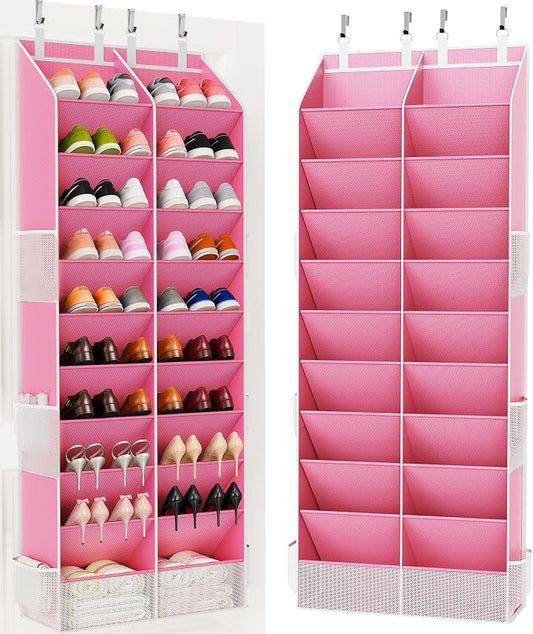Over the Door Shoe Organizer, 20-30 Pairs Heavy-Duty Hanging Shoe Storage with Large Pockets, 10-Tier Door Shoe Rack with 4 Hooks for Sneakers Sandals Heels Boots (Pink)