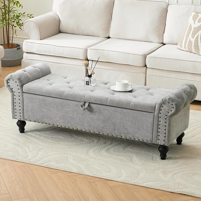 55" Storage Bench for Bedroom, Upholstered Ottoman Bench Chenille LightGray | End of Bed Bench for Bedroom, Window Benches for Living Room, Entryway, Ottoman with Large Storage Space, Pet Friendly