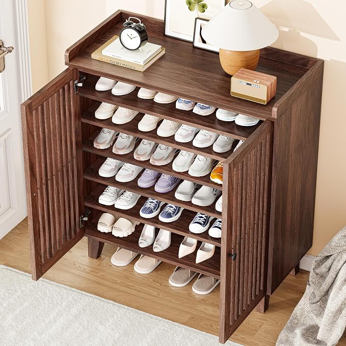 IRONCK Shoe Cabinet with Slatted Doors, 6-Tier Shoe Storage Cabinet with Adjustable Shelves, Wooden Shoe Rack Organizer for Entryway, Hallway, Closet, Living Room, Walnut