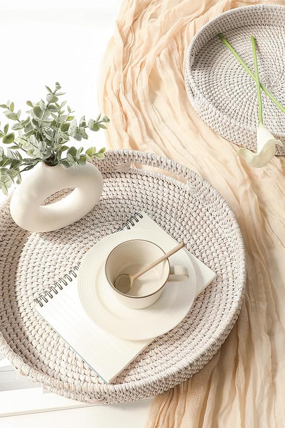 HITOMEN Hand-Woven Round Rattan Serving Tray Decorative Ottoman Wicker Platter with Handles for Coffee Table, Breakfast, Drinks, Snack, Bread, Fruit, Vegetables (Whitewash Set of 2: M+L)