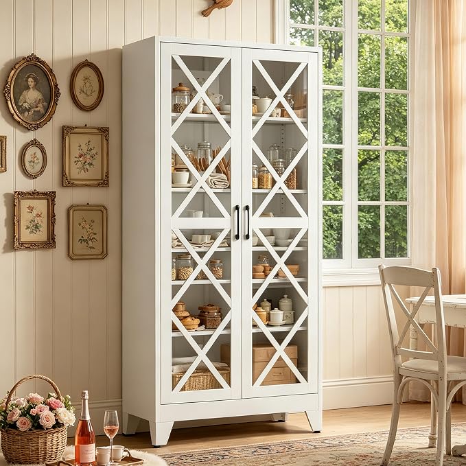 71"H White Pantry Kitchen Cabinet with Doors,Black Storage Cabinets,Freestanding Pantry Cabinet,Farmhouse Food Storage Cabinets,Tall and Large Pantry Cabinets for Kitchen, Dining Room, Living Room