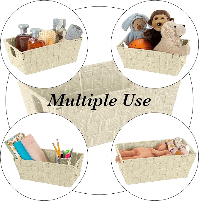 Simplify Small Shelf Woven Strap Tote | Decorative Storage Basket | Built in Handles | Organization | Closet | Bedroom | Bathroom | Nursery | Accessories | Toys | Gifts | 4 Pack | Ivory