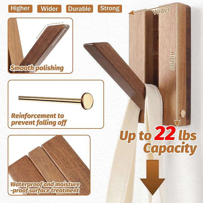 Wood Wall Hooks for Bathroom | 2Pack Foldable Coat Hooks for Rustic Hanging Towels Bags Coats, Space Saving Minimalist Design for Aesthetic Homeowner