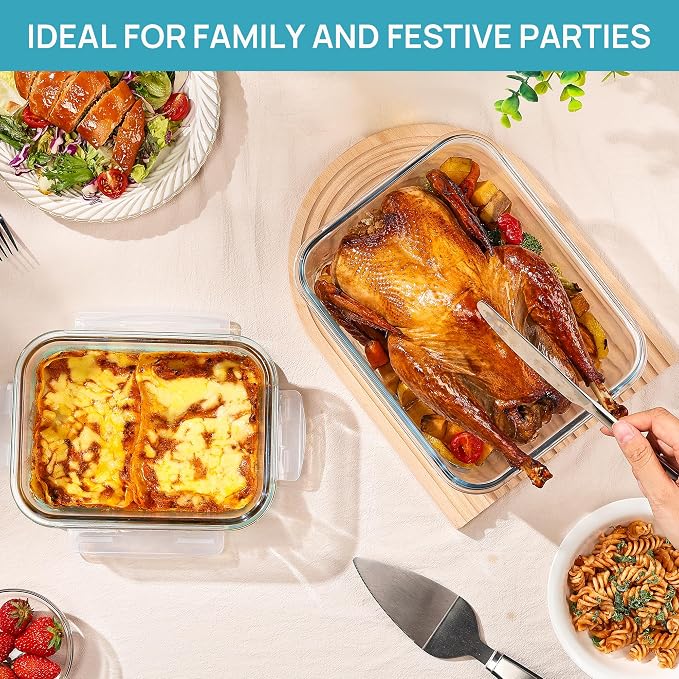 Vtopmart Large Glass Food Storage Containers with Lids, 122oz+50oz, 2 Pack | Big Glass Containers for Roasting Chicken, Baking Casseroles, Food Storage, Meal Prep, Fruits, Thanksgiving Meals, BPA-Free