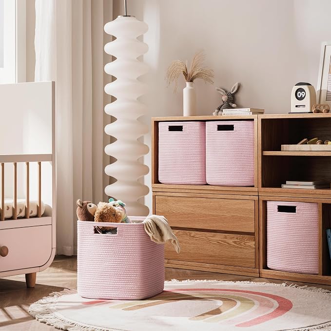 UBBCARE Set of 4 Storage Basket-13 X 13 X 13 in, Cotton Rope Basket for Shelves, Toys, Book, Cube Storage Bins with Handles, Woven Storage Basket for Organizing, Pink
